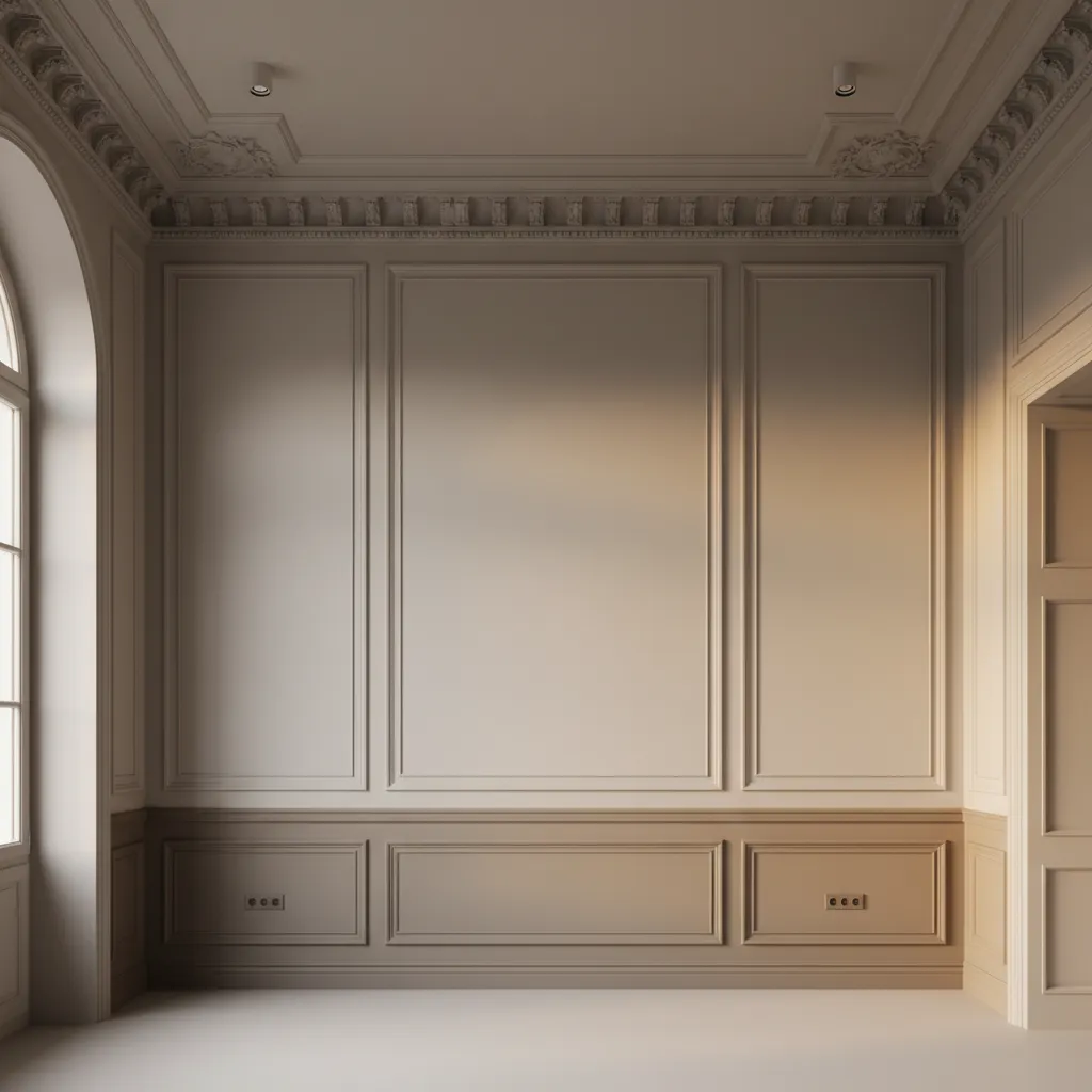 Living room with tall walls and warm-neutral palette showing layered tones and daylight interaction.