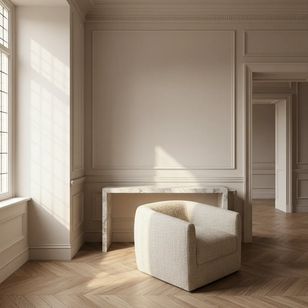 Classical room with white wall panel marble console table soft chair and herringbone wood floor pattern