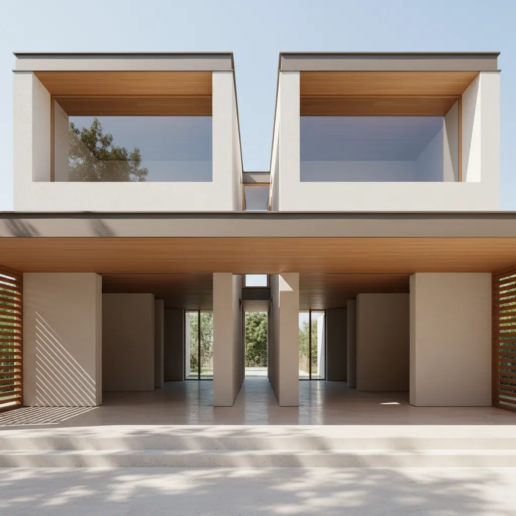 Modern building exterior with symmetrical white walls wooden ceilings large glass windows and open level