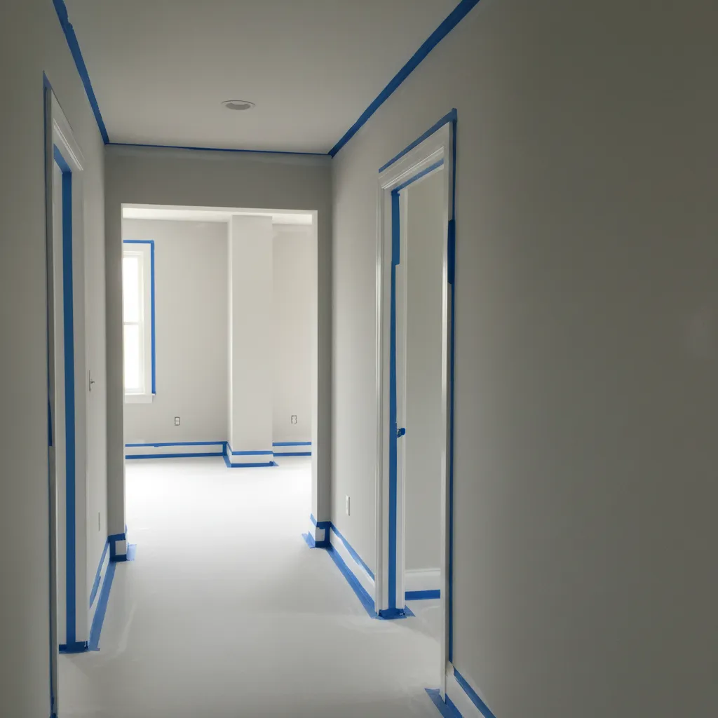 Prepared hallway with primed walls, crisp edges, and protected baseboards showing finish-ready surfaces.