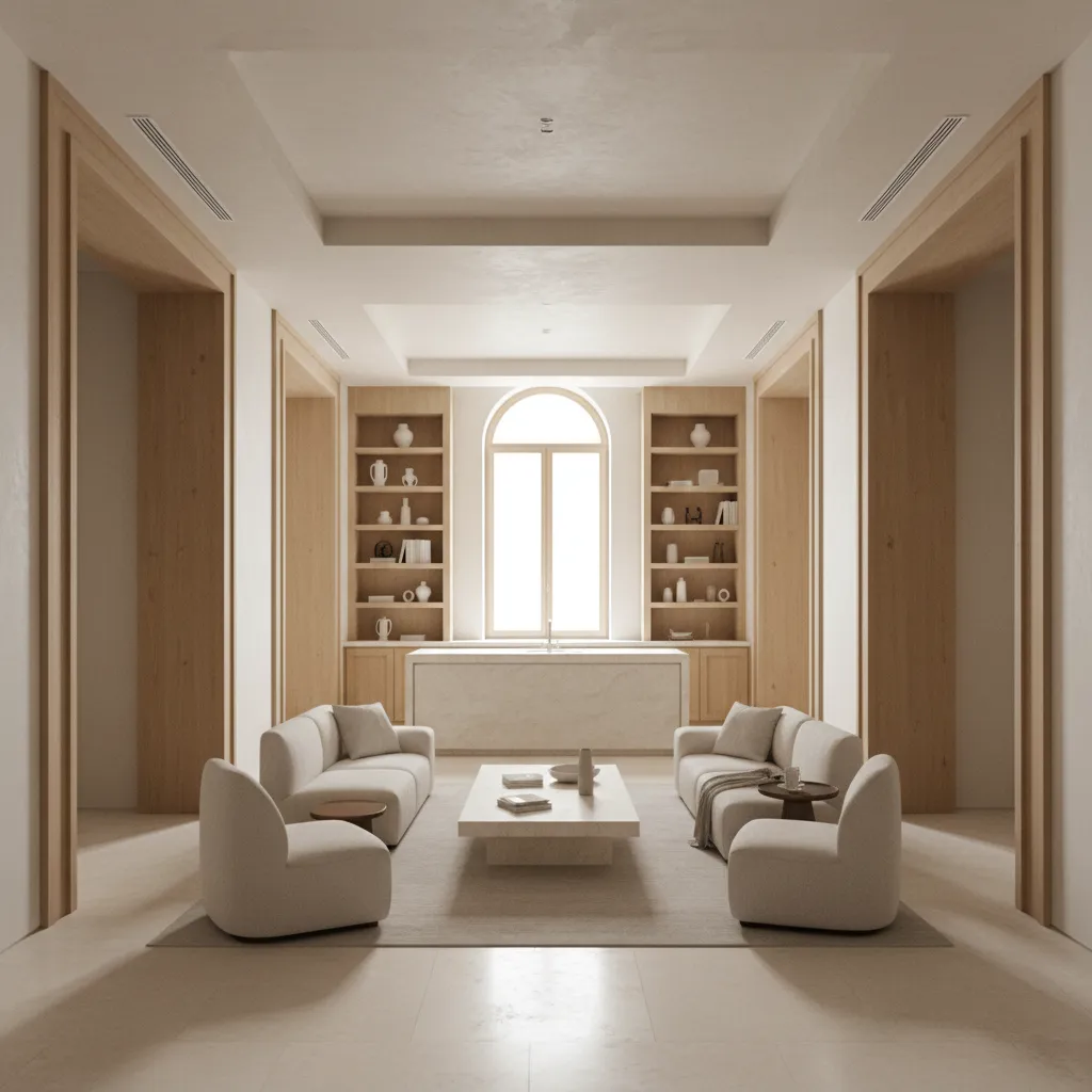 Modern minimal living room with white sofas stone coffee table wooden bookshelves and arched window design