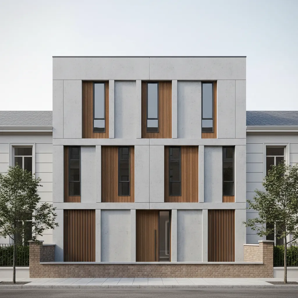 Narrow two-story facade with a clear rhythm of aligned slim windows and evenly spaced solids for a breathing elevation
