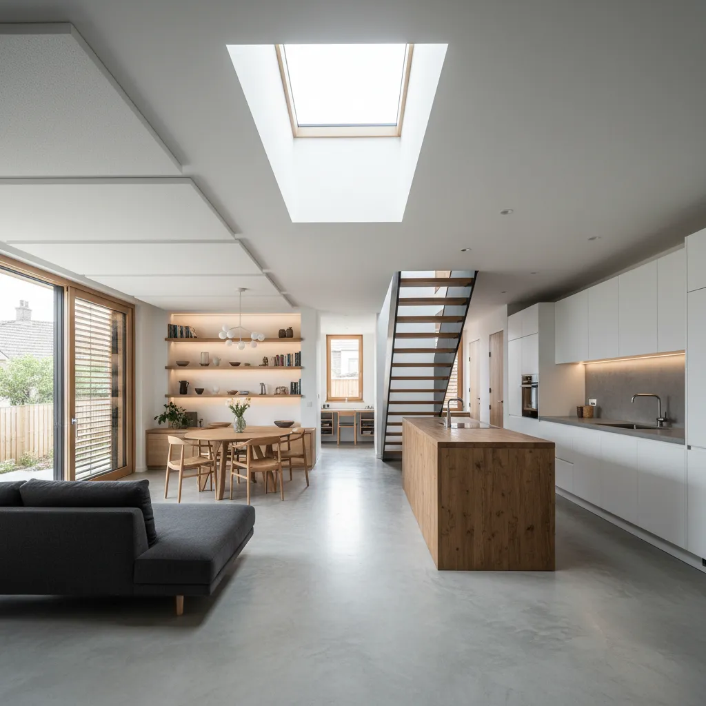 Open-plan interior with balanced proportions, central stair and layered daylight