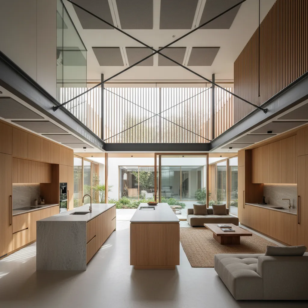 Kitchen-living space at the L junction with clear circulation, double height, and views to the courtyard