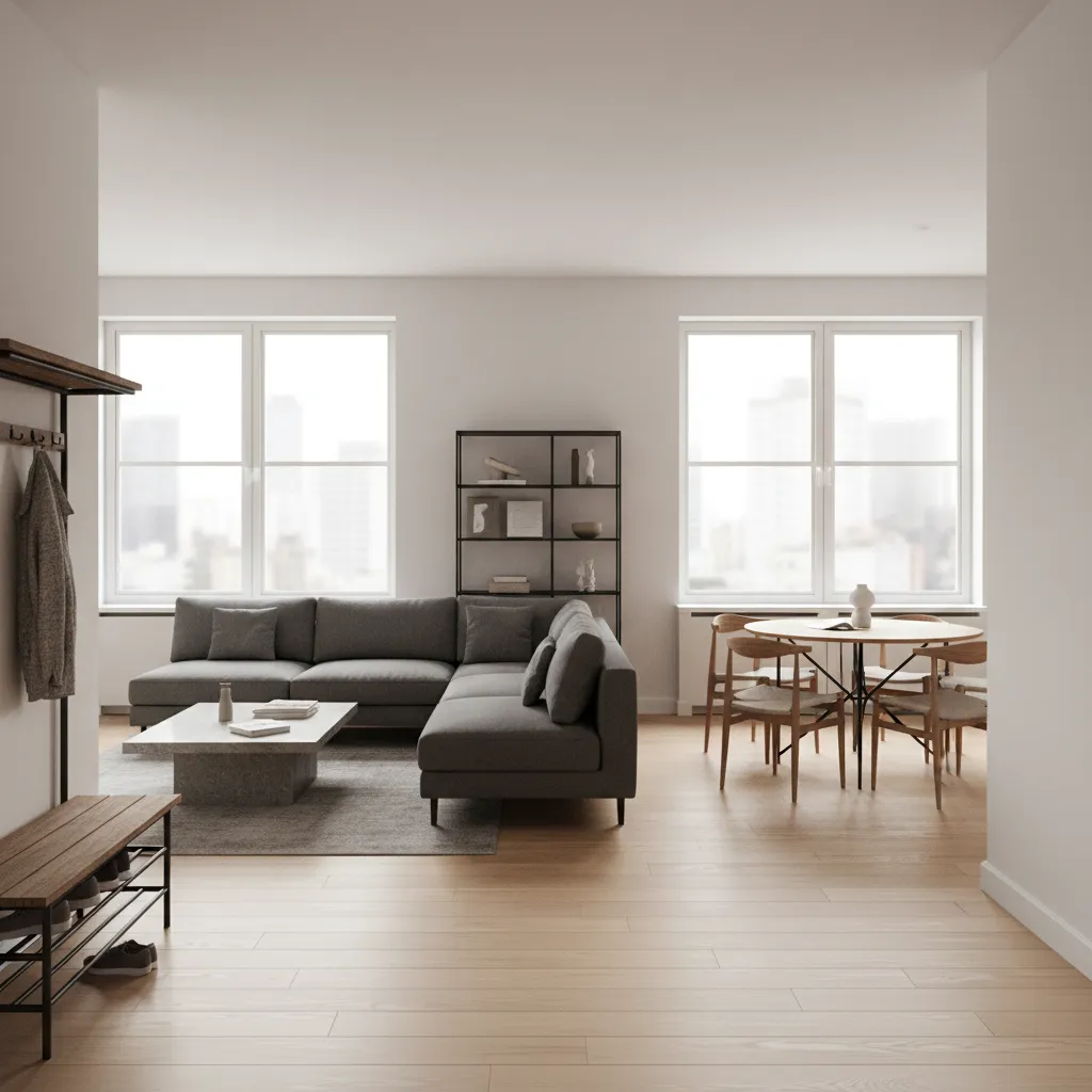 Modern apartment living area featuring grey sofa wooden floor round dining table and large bright windows