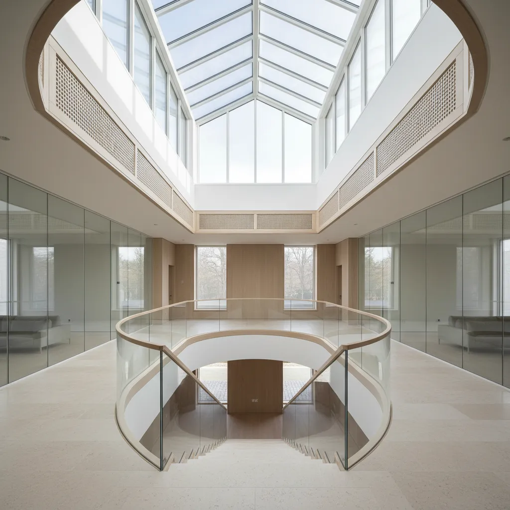 Modern interior with glass walls wooden wall panels curved stairs and large glass roof window