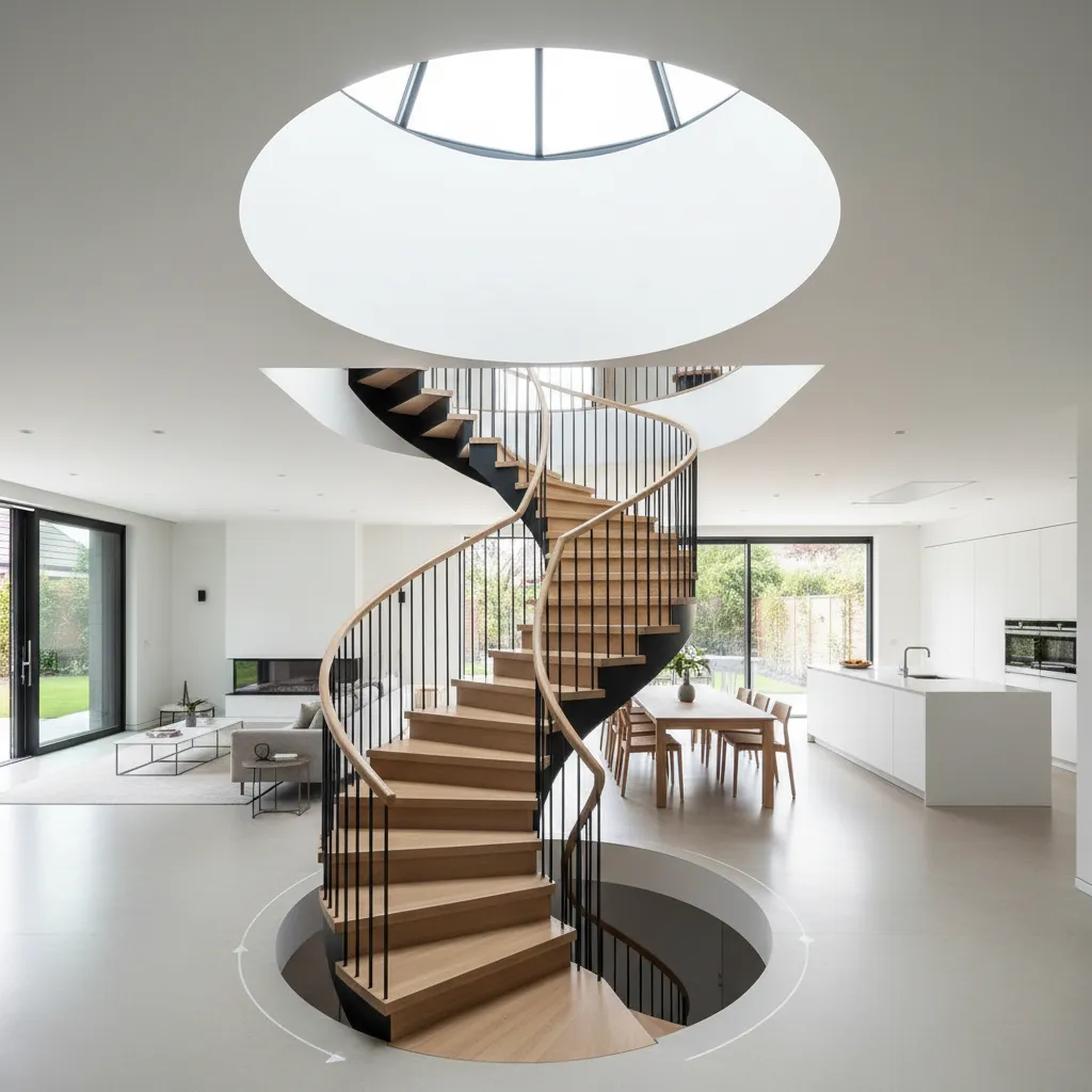 Central U-shaped stair with skylight organizing open-plan living and upstairs privacy