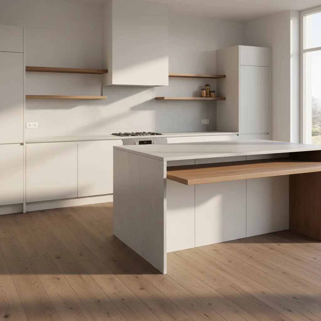 Clean kitchen design featuring stone island with wood breakfast bar and wall mounted floating shelves