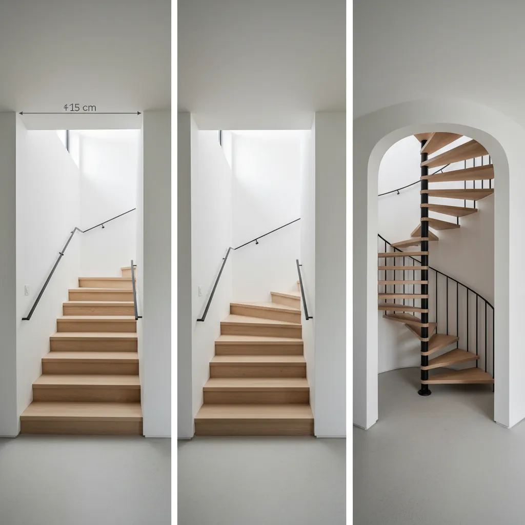 Interior showing straight, L-shaped, and spiral stair options with clear headroom and functional layout.