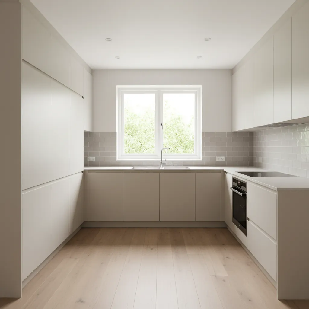 Kitchen interior with a clear work triangle and zoned areas for cooking, washing, and storage