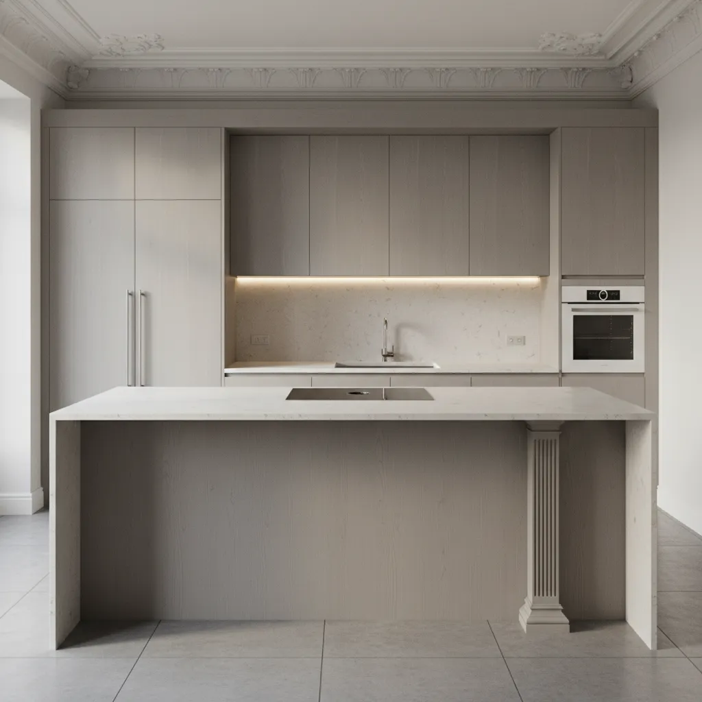 Compact kitchen with central island showing clear work triangle and 90–100 cm perimeter clearance