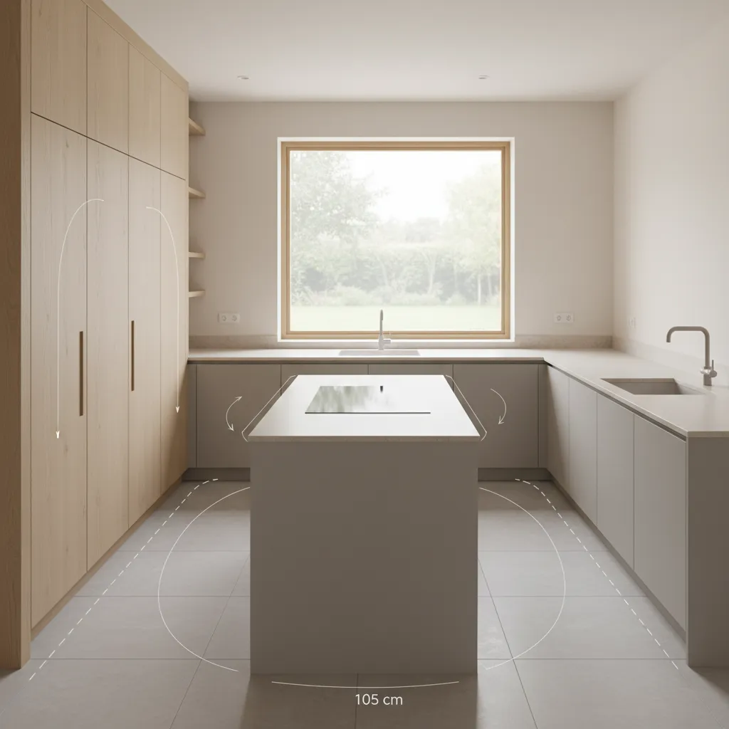 Kitchen layout showing an efficient work triangle with clear circulation and realistic door clearance.