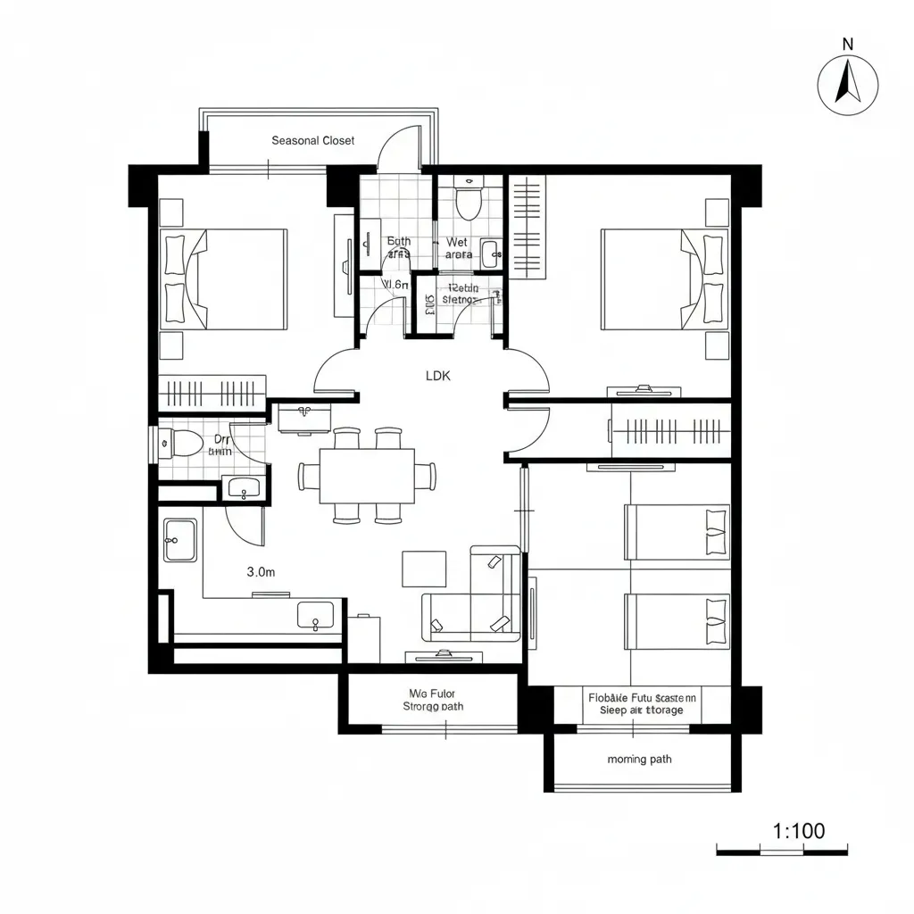 寝室二室＋可変的寝床の重ね方