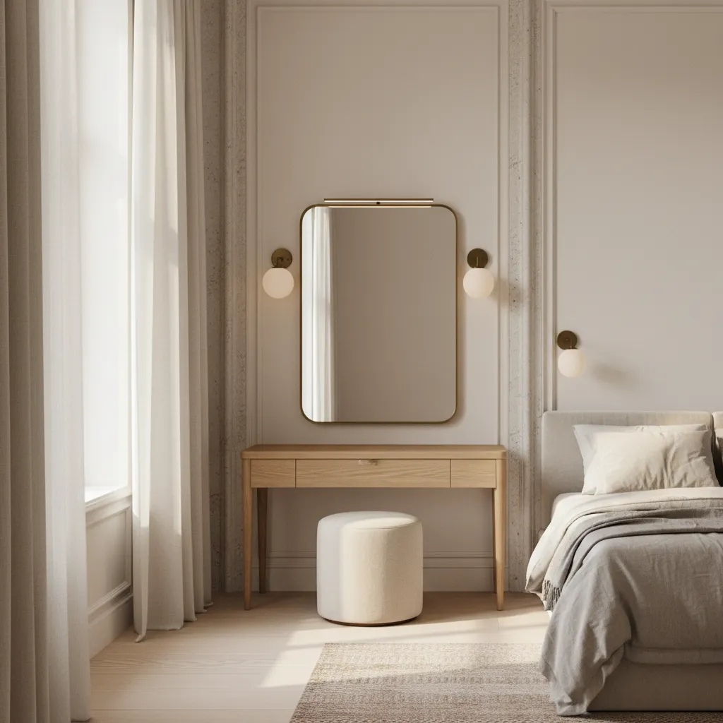 Bedroom vanity beside a window with lateral daylight, tilted mirror, warm sconces, and clear circulation