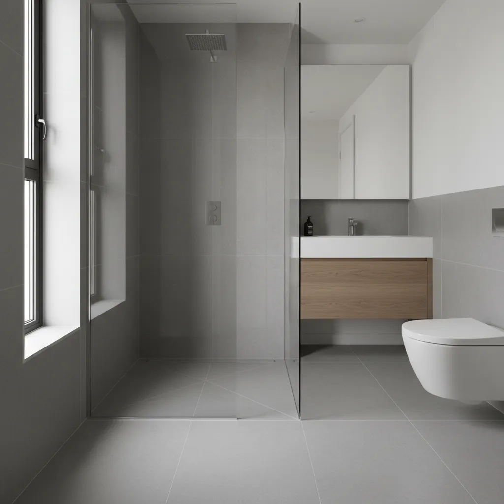 Corner 90×90 cm walk-in shower with flush floor, linear drain, and soft daylight