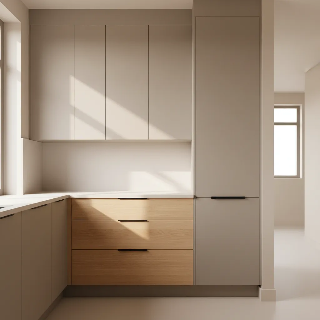 Kitchen corner showing primed and painted melamine doors and textured solid wood elements under soft daylight