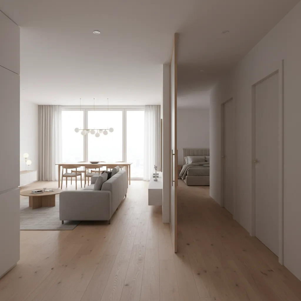 Open plan living room with grey sofa wooden dining table ceiling light and hallway view