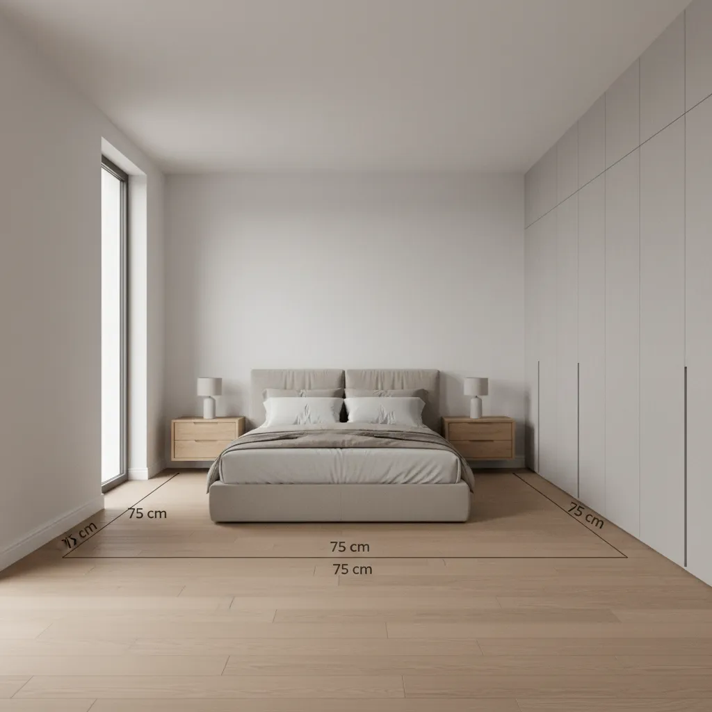 Bedroom with the bed zone, clear circulation paths, and a flush built-in wardrobe, defined with realistic proportions and soft daylight.