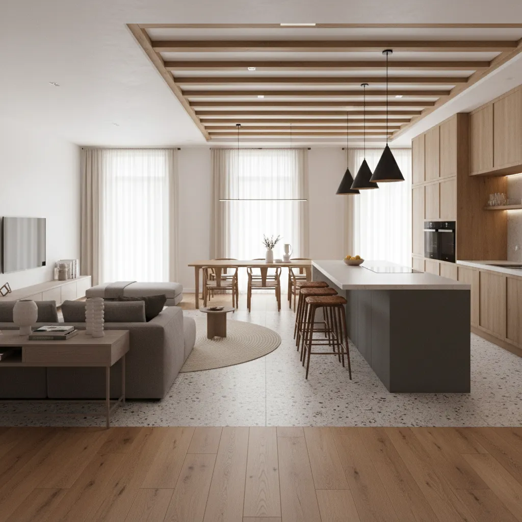 Open-plan kitchen, living, and dining with soft boundaries and measured circulation zones, defined by island, low furniture, and floor transitions.