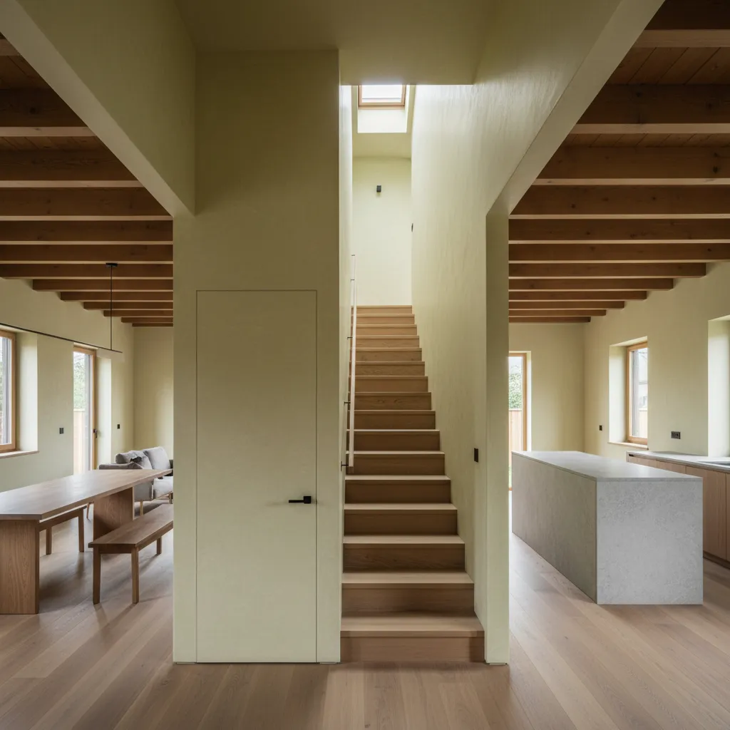 Compact core with straight stair along wall, skylight above, and under-stair storage opening to an airy living-kitchen space