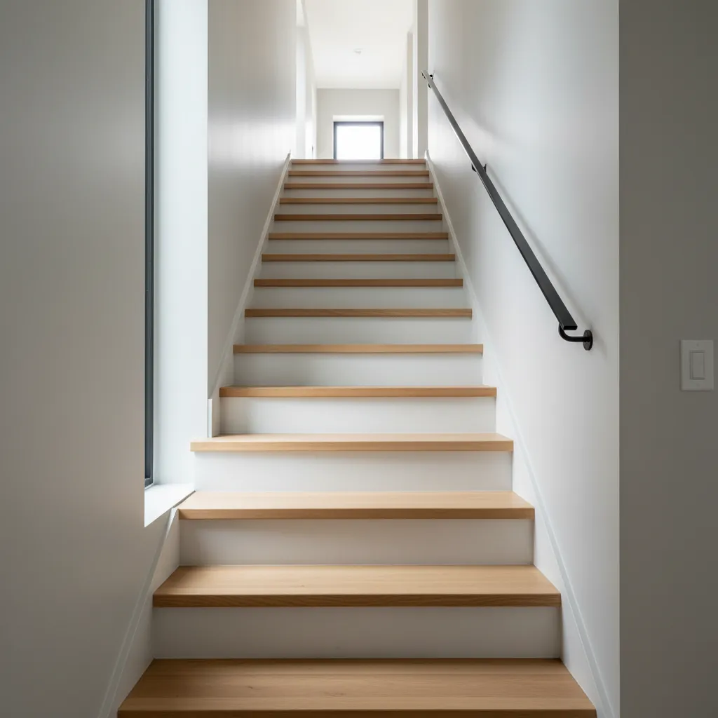 Straight staircase with balanced tread and riser proportions in a calm, daylight-filled interior