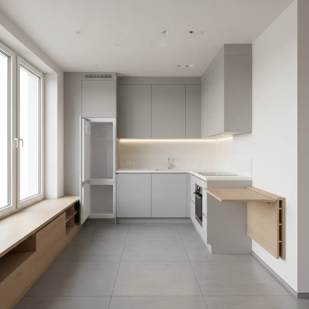 Compact living-dining with linear 60 cm kitchen, clear 90 cm corridor, and fold-down table