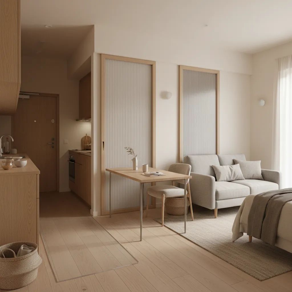 Compact studio interior showing hybrid living-work-dining zone with uncluttered circulation and transformable furniture.