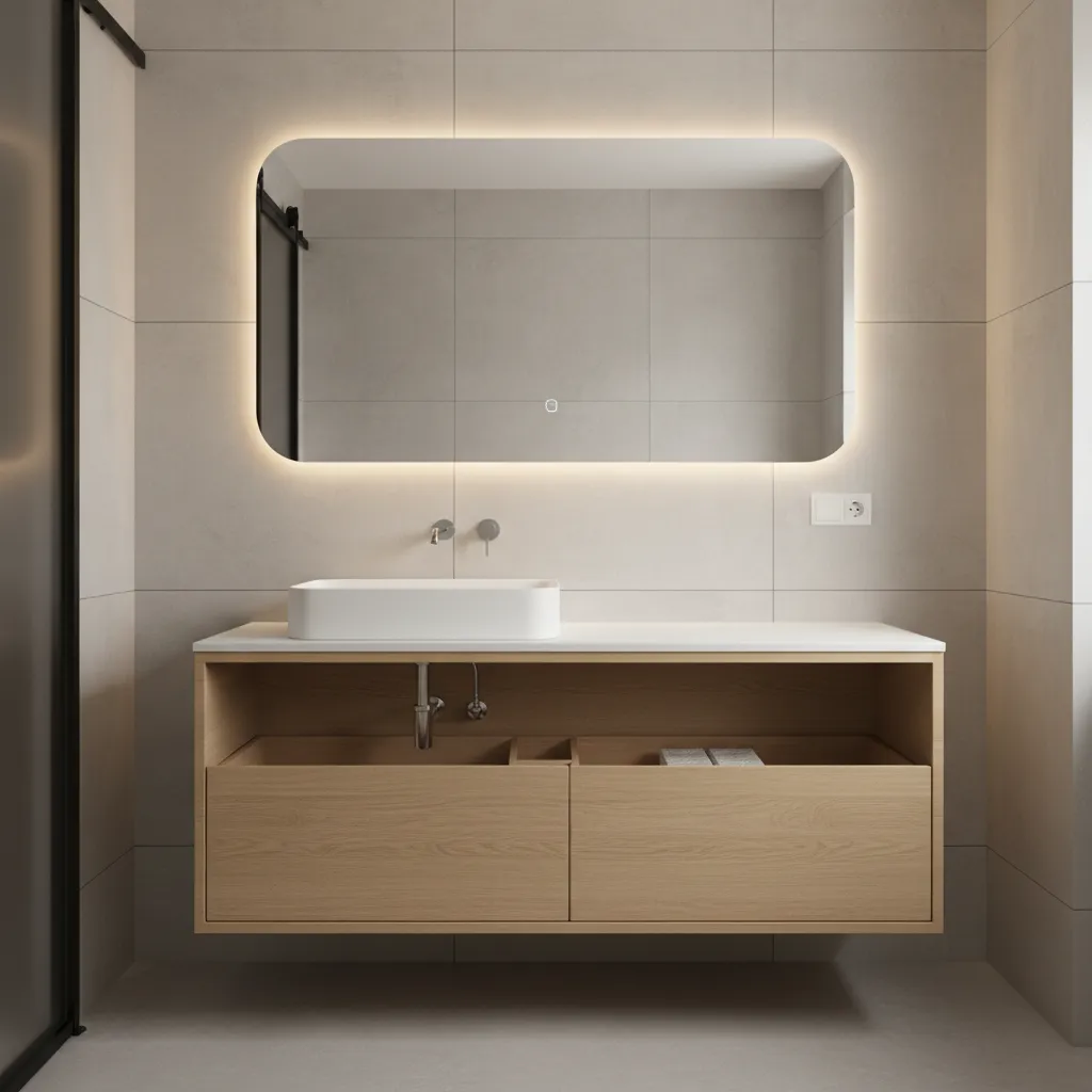 Floating vanity with correct ergonomic dimensions, clear passage, and integrated mirror lighting