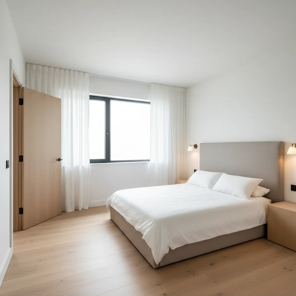 Bedroom showing a corner-positioned door opening against the wall, a side window with soft daylight, and tidy power points at both sides of the headboard.