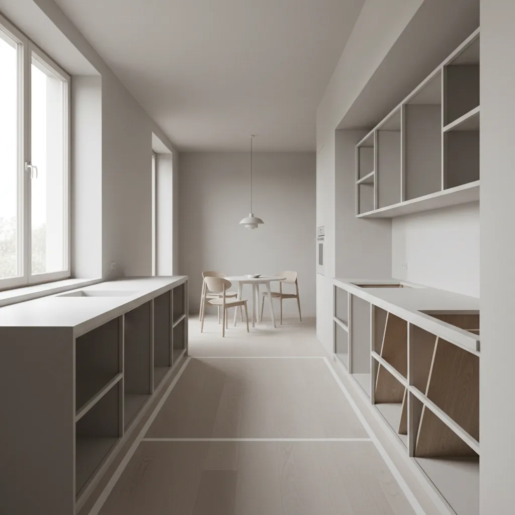 Kitchen with cabinet carcasses exposed, doors set aside, clear workflow and spatial depth under soft daylight