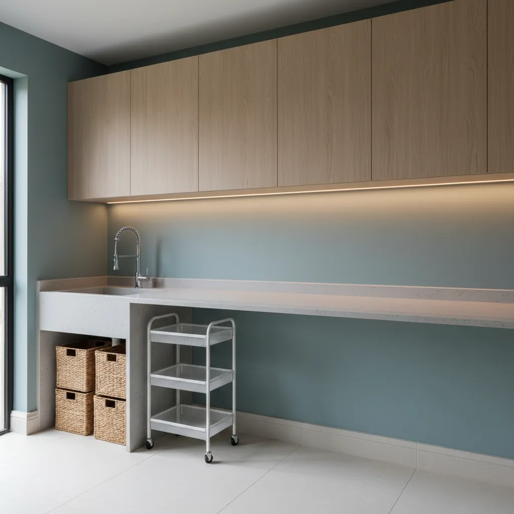 Laundry work zone with a 60 cm deep countertop at 90 cm height, integrated sink, and upper cabinets with under-cabinet lighting.