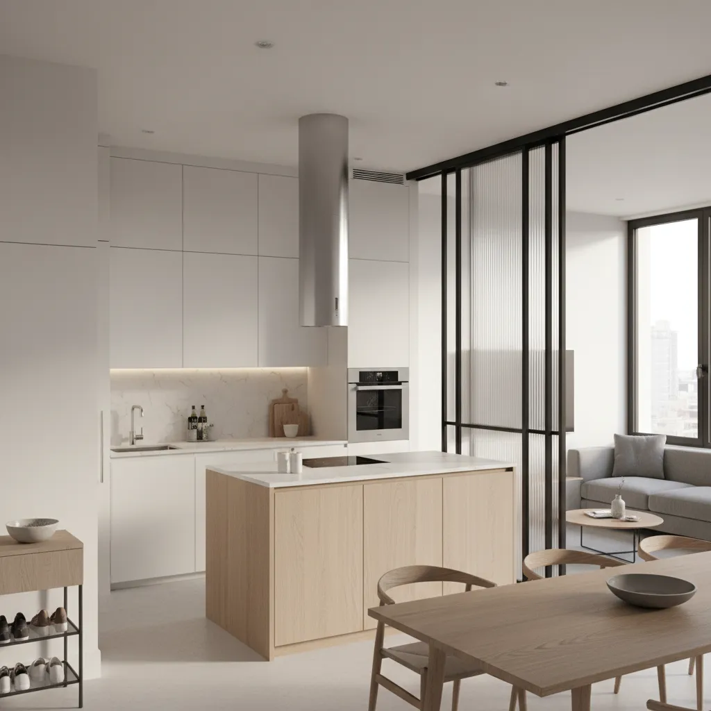 Modern kitchen and dining area with white cabinets wooden island glass partition and natural sunlight