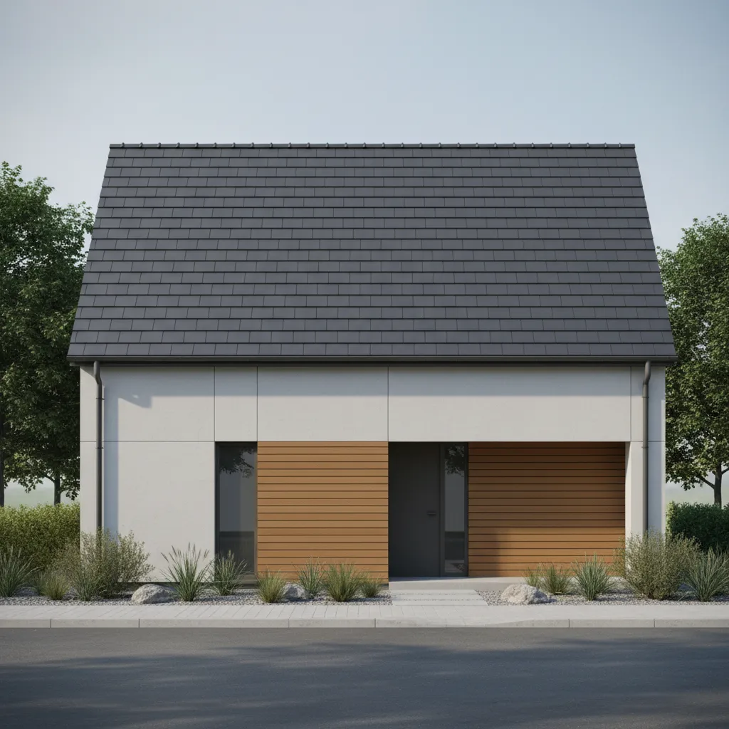 Modern minimal house exterior featuring white walls wood paneling dark grey roof and green plants