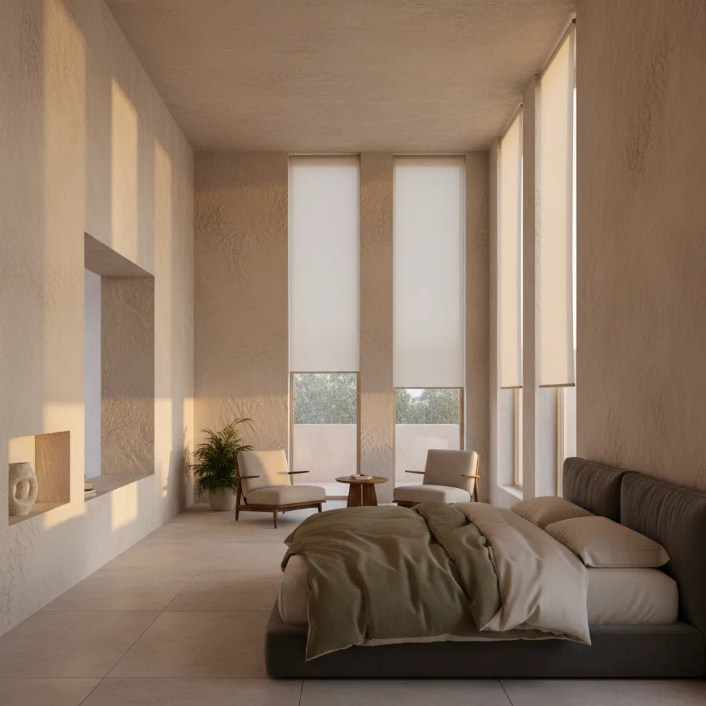 Bedroom oriented to control natural light, with a large window, filtered daylight, and the bed positioned to avoid glare.