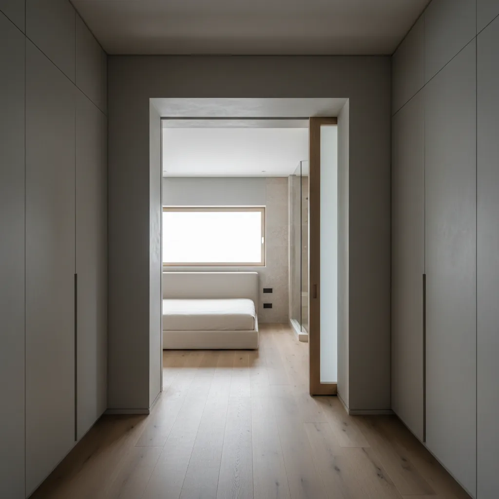 Bedroom suite with direct corridor to bathroom, built-in storage, controlled openings, and soft daylight ensuring privacy and efficient circulation.