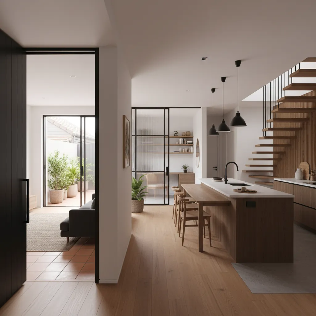 Open-plan living, dining, and kitchen on the ground floor with a flexible room and compact bathroom near the stair core