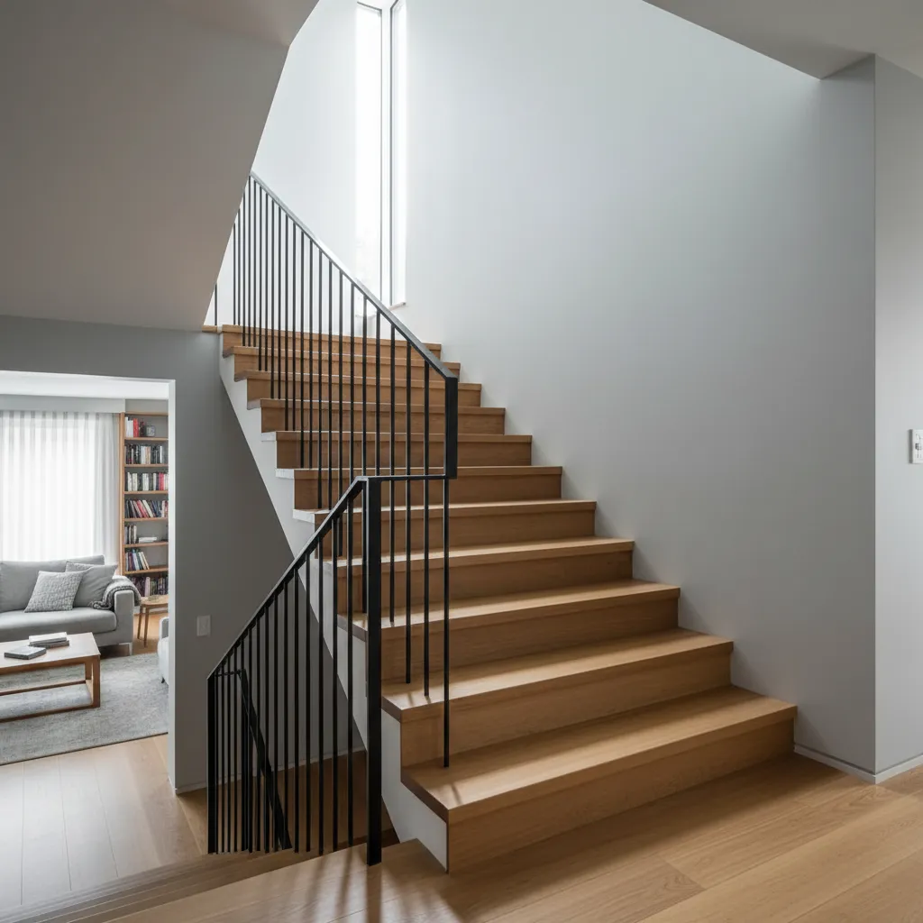 L-shaped stair with intermediate landing and sufficient width, daylight clarifying the turn