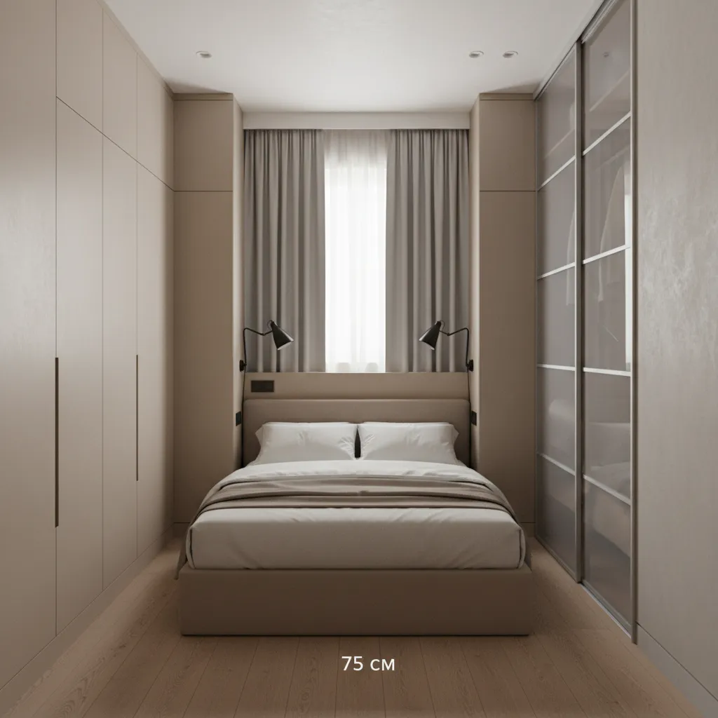 Minimal bedroom 2.70×2.90 with 140 cm bed and 60 cm deep sliding wardrobe