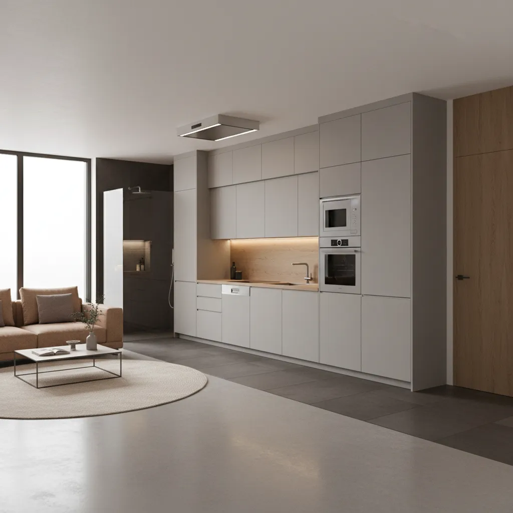 Studio space featuring a linear kitchen on one wall and an adjacent compact bathroom core with efficient proportions.