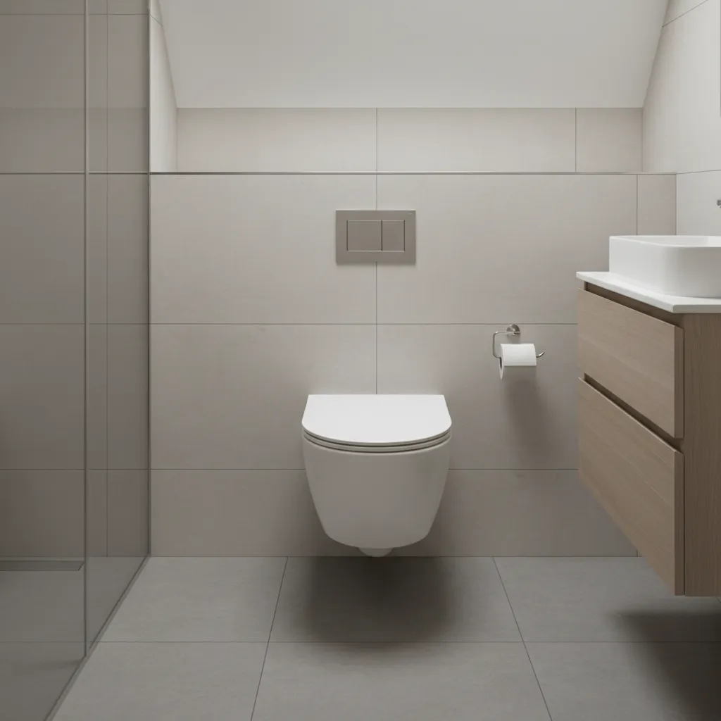 Toilet zone with correct front and side clearances in a compact bathroom