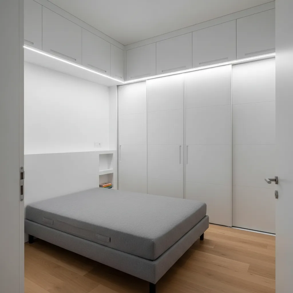 Compact bedroom with a slim storage headboard, 60 cm deep sliding wardrobe, and overhead storage above the door to maximize floor area.