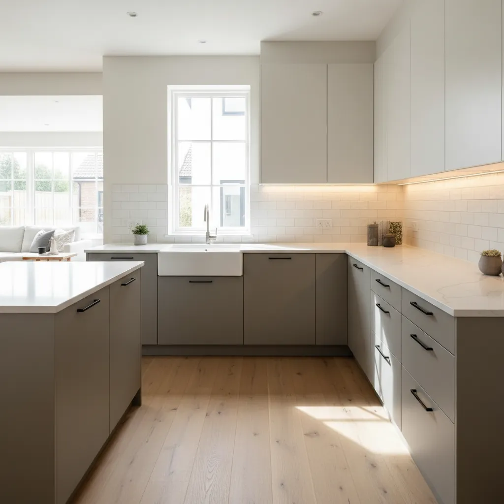 Kitchen with matte warm gray lowers and off-white uppers, balanced natural light and gentle ambient highlights