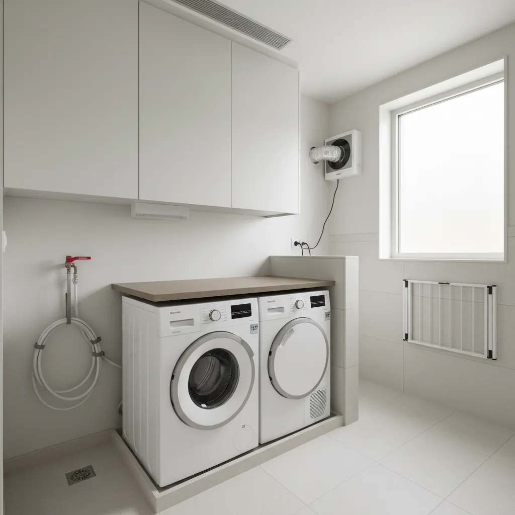 Compact laundry with extractor, wall grilles, foldable drying rack, and a safety drain pan under the washer, arranged with clear airflow.