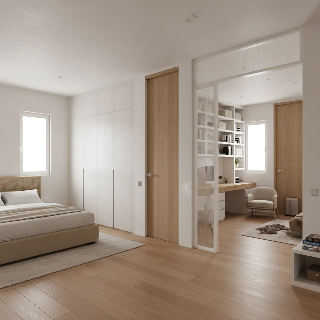 Minimalist bedroom design featuring white wardrobes wooden floors and an adjacent home office study room