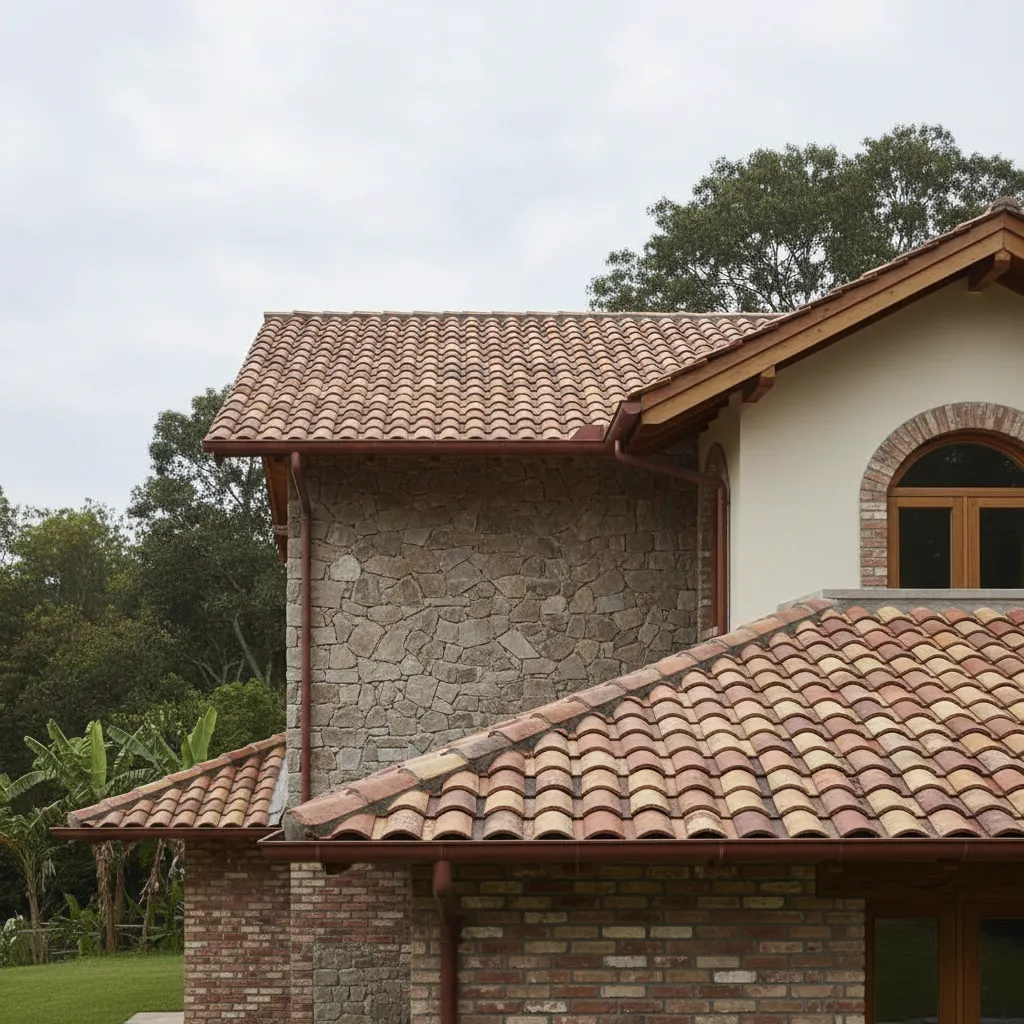 Traditional house design with clay tile roof stone walls brick details and large green trees