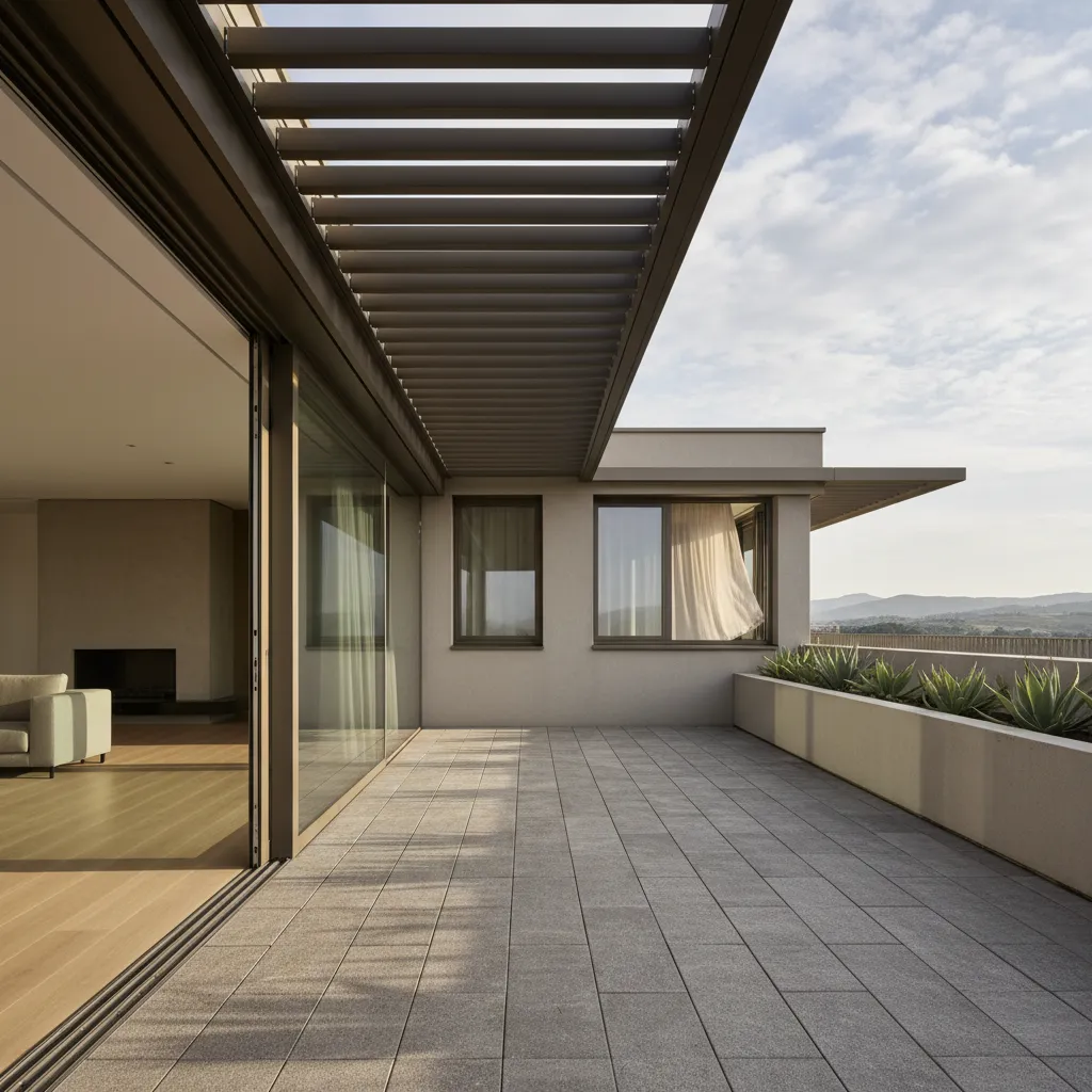Living room opening to a shaded terrace with adjustable louvers and overhang, showing controlled daylight and cross-ventilation through the facade.