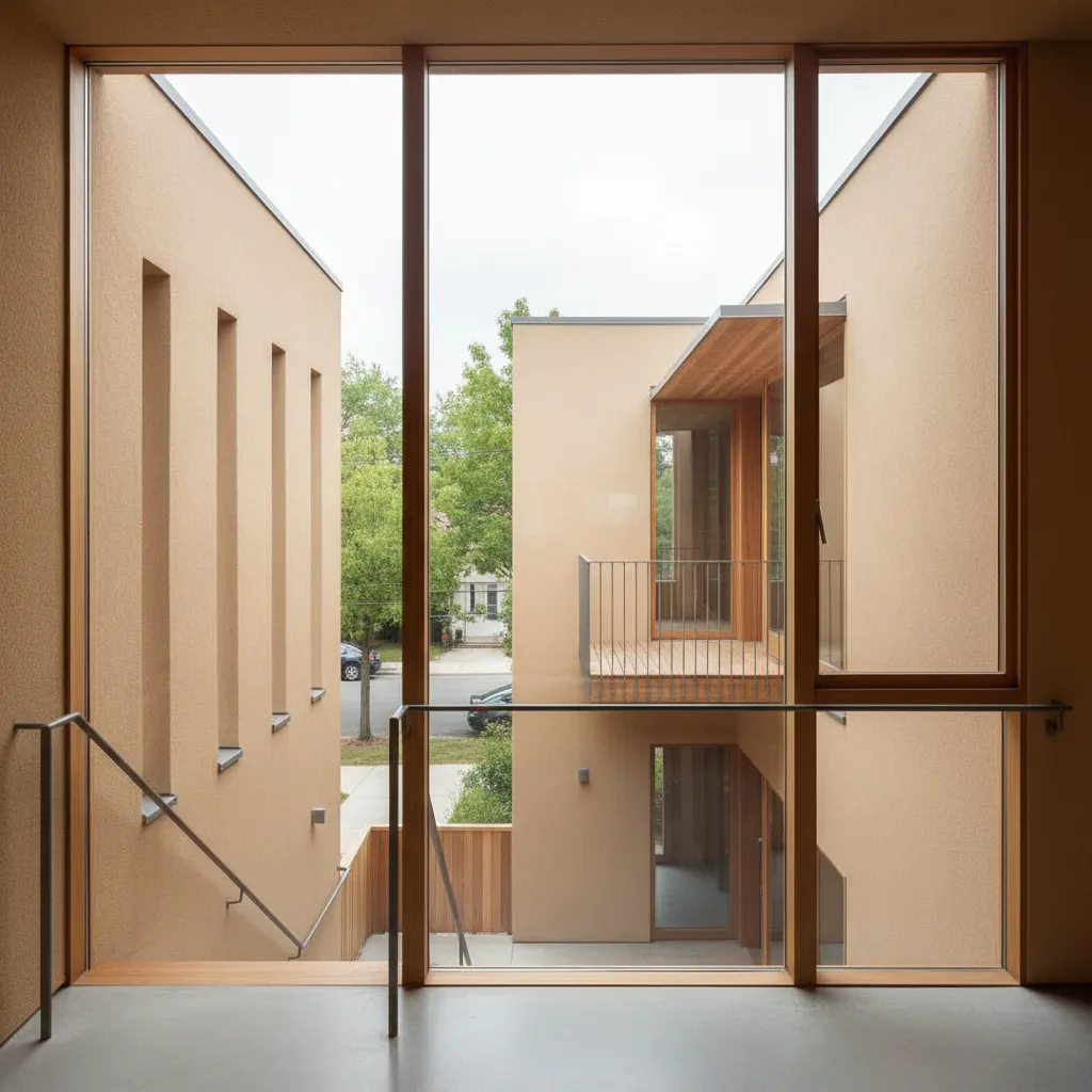 Upper landing with vertical window and small balcony revealing a minimal, well-oriented two-story façade with rhythmic openings
