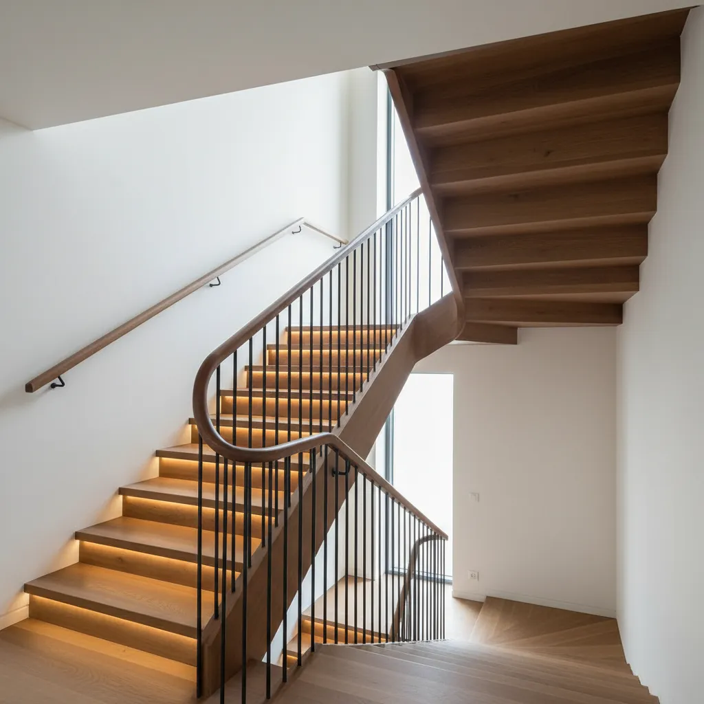 Two-flight stair highlighting clear headroom, continuous handrail, and integrated lighting