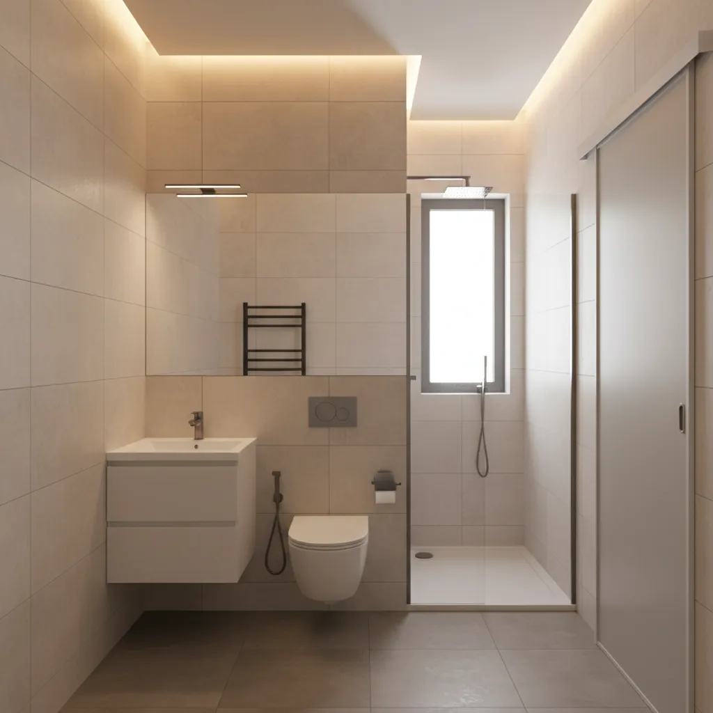 Compact bathroom 1.20×2.10 with 80×120 shower, 45 cm deep vanity, and sliding door