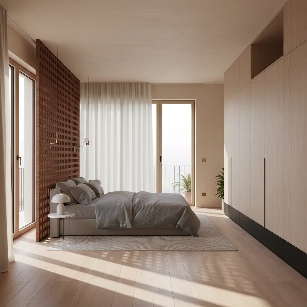 Studio interior with abundant daylight, full-height storage, and a perforated panel with curtain providing graded privacy to the bed.